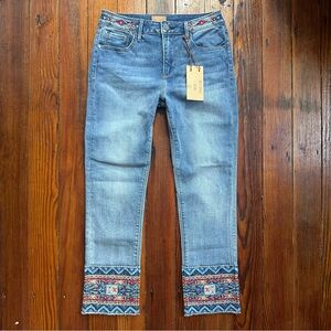 NWT Driftwood Colette Aztec embroidered cuff & waist jeans 27
